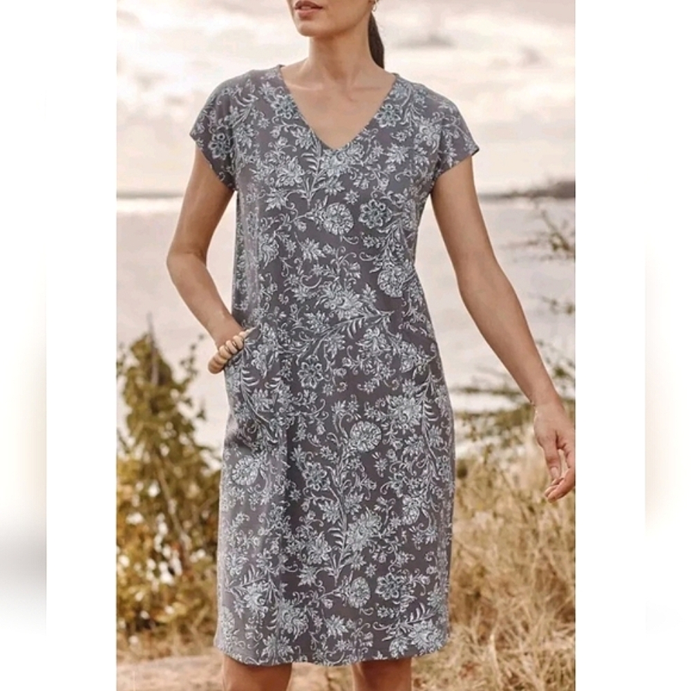 Pure Jill Easy Knit Cotton Pocket Gray Floral Lounge Casual Knee Length Dress
